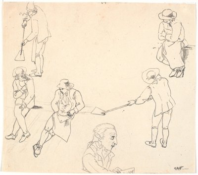 Schets met zes mannelijke figuren, twee met schoppen, drie zittend, en een mannenprofiel door C.D. Fritzsch