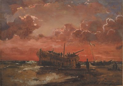 Een wrak aan de westkust van Jutland bij zonsondergang door C.F. Sørensen