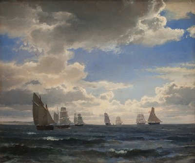 Zeilschepen in de Sont ten zuiden van Kronborg door C.F. Sørensen
