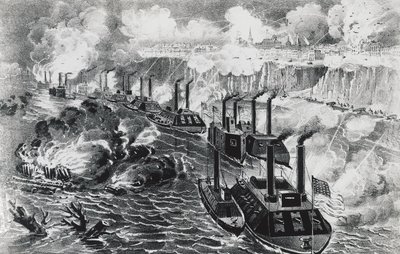 Vloot van admiraal David Dixon Porter doorbreekt de rebellenblokkade op de Mississippi bij Vicksburg, 16 april door J.B. and Brown J. Rowbotham