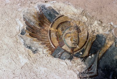 Engel, fresco in de Byzantijnse kerk van Agios Georgios, Apodoulou, Kreta, Griekenland (foto) door J.B. and Brown J. Rowbotham