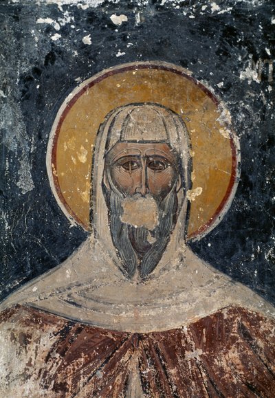 Apostel, fresco in Byzantijnse kerk van Heilige Apostelen in de Agora van Athene, Griekenland door J.B. and Brown J. Rowbotham