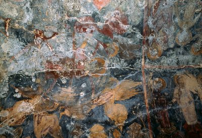 Beschadigde fresco in kerk van Metamorphosis Sotiros, Voutas, Kreta, Griekenland (foto) door J.B. and Brown J. Rowbotham