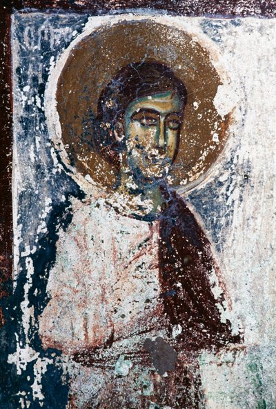 Beeld van heilige, fresco in de kerk van Taxiarhon, Oud Pyli, eiland Kos, Griekenland (foto) door J.B. and Brown J. Rowbotham