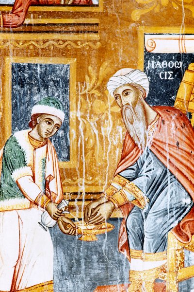 Fresco in het Mikro Sotiris klooster, eiland Symi, Griekenland (foto) door J.B. and Brown J. Rowbotham