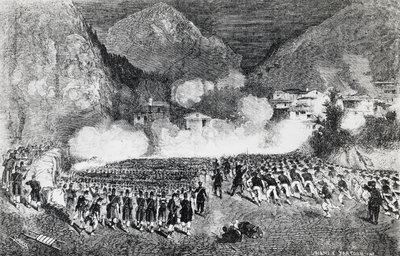 Divisie van generaal Giacomo Medici valt Levico Terme aan, Trentino-Zuid-Tirol, juli 1866, Derde Onafhankelijkheidsoorlog, gravure, Italië door J.B. and Brown J. Rowbotham