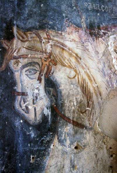 Paard, detail van fresco in de kerk van Agios Georgios, Vathiako, Kreta, Griekenland (foto) door J.B. and Brown J. Rowbotham