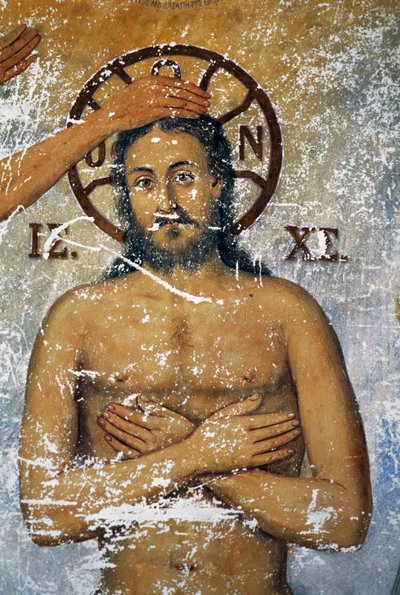 Jezus wordt gedoopt door St. Johannes, fresco in de kerk van het klooster van St. Johannes Theoloog (Unesco Werelderfgoedlijst) door J.B. and Brown J. Rowbotham