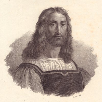 Portret van de Italiaanse graveur Marcantonio Raimondi, kopergravure door Barni naar schilderij van Raffaello Sanzio door J.B. and Brown J. Rowbotham