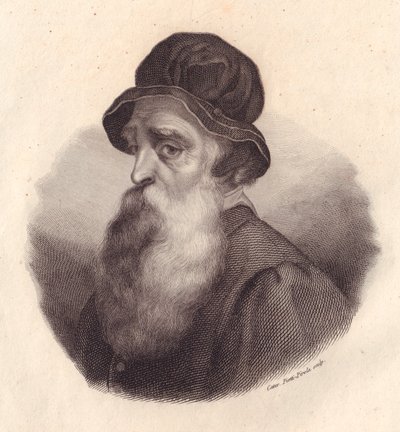 Portret van de Italiaanse beeldhouwer en goudsmid Benvenuto Cellini, kopergravure door Caterina Piotti-Pirola naar schilderij van Giorgio Vasari door J.B. and Brown J. Rowbotham