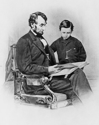 President van de Verenigde Staten Abraham Lincoln (1809-1865) met zijn zoon Thomas 