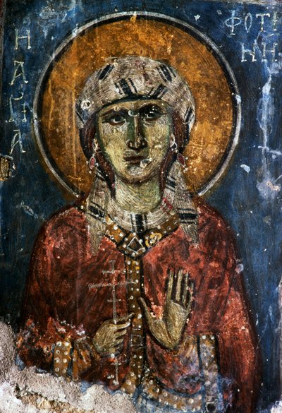 Heilige, fresco in de Byzantijnse kerk van Agios Georgios Sfakiotis, Diavaide, Kreta, Griekenland (foto) door J.B. and Brown J. Rowbotham