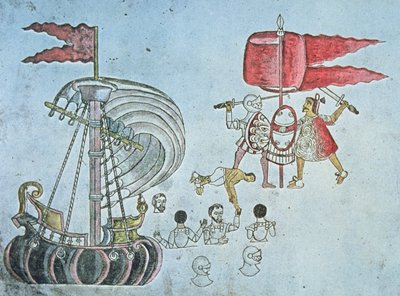 Spaanse soldaten van Hernan Cortes waden aan land in 1519 om de Azteken te bevechten, gekopieerd uit de Codex Azcatitlan, ca. 1550 door J.B. and Brown J. Rowbotham