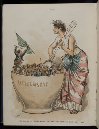De mortier van assimilatie - en het ene element dat niet wil mengen, illustratie uit Puck Magazine, 26 juni 1889 door C.J. Taylor
