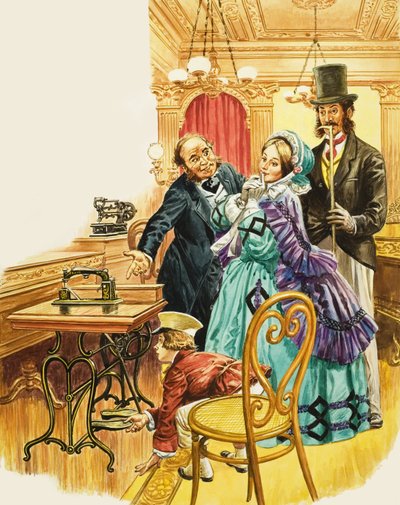 Een Victoriaanse dame bewondert de nieuwe trapper naaimachine in een showroom, terwijl haar man toekijkt (gouache op papier) door C.L. Doughty