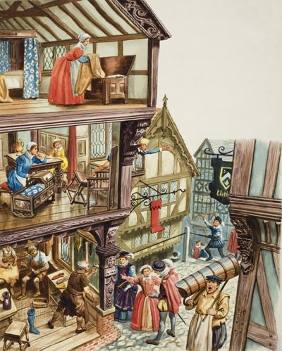 Elizabethaans stadsgezicht (gouache op papier) door C.L. Doughty