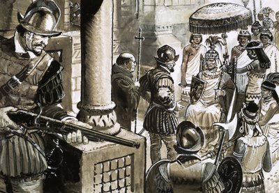 Francisco Pizarro, de meedogenloze veroveraar van het Incarijk, ontmoet koning Atahualpa door C.L. Doughty