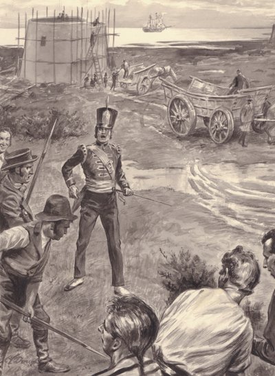 Martello-torens in aanbouw in afwachting van een invasie van Engeland door Napoleon (gouache op papier) door C.L. Doughty