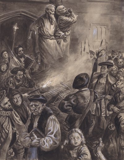 Martelaarschap van Ridley en Latimer (gouache op papier) door C.L. Doughty