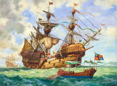 De Grote Harry, vlaggenschip van de vloot van koning Hendrik, met veel van zijn 251 kanonnen (gouache op papier) door C.L. Doughty