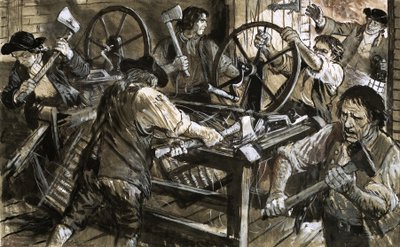 Arbeiders reageren hun woede af op de machines door C.L. Doughty