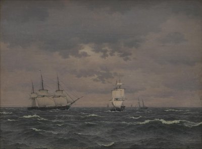 Een korvet dat zeilen reef in een frisse wind en enkele andere schepen door Christoffer Wilhelm Eckersberg