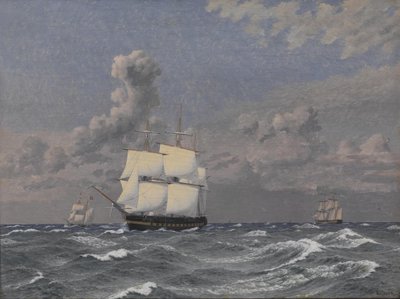 Een fregat en enkele andere schepen op patrouille door Christoffer Wilhelm Eckersberg