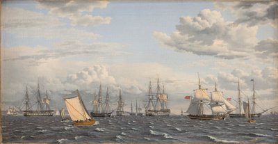 Een Russische vloot voor anker bij Elsinore door Christoffer Wilhelm Eckersberg