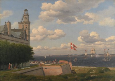 Een uitzicht naar de Zweedse kust vanaf de wallen van Kasteel Kronborg door Christoffer Wilhelm Eckersberg
