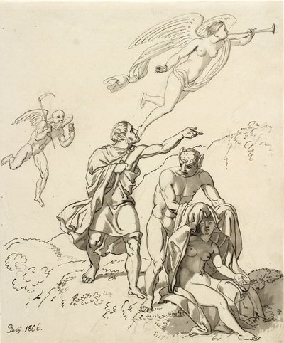 Allegorische compositie; een paar jonge mannen met ezelsoren en een zittende naakte vrouw, op de achtergrond Tijd en Fauna zwevend door Christoffer Wilhelm Eckersberg