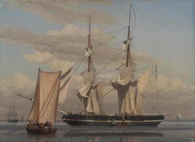 Een Amerikaanse marinebrig die voor anker ligt terwijl haar zeilen drogen door Christoffer Wilhelm Eckersberg