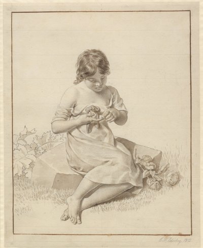 Een klein meisje dat haar vinger heeft geprikt aan een roosdoorn door Christoffer Wilhelm Eckersberg
