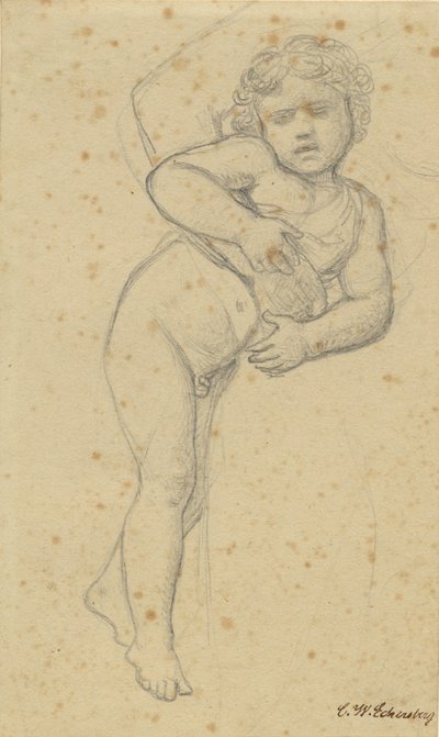 Een naakte jongen leunt tegen de knieën van zijn moeder door Christoffer Wilhelm Eckersberg