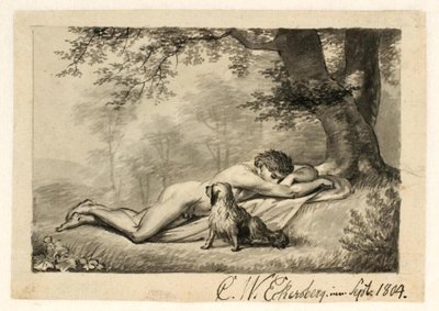 Een naakte jonge man die slaapt aan de voet van een boom, naast hem een hond door Christoffer Wilhelm Eckersberg