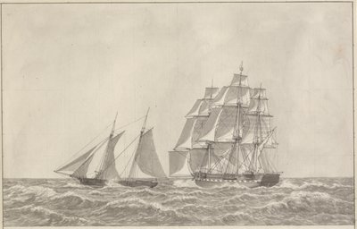Een schoener die een achtervolgende fregat overloopt door Christoffer Wilhelm Eckersberg