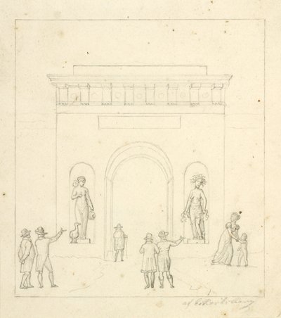 Een triomfboog op de voorgrond met stafeerfiguren door Christoffer Wilhelm Eckersberg