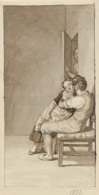 Een paar bespied door een vrouw in een halfopen deur door Christoffer Wilhelm Eckersberg