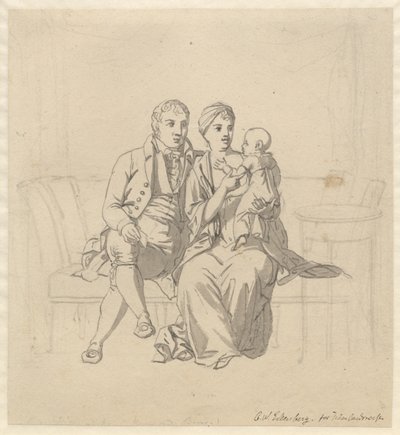 Een jong echtpaar zittend op een bank, zij met een kind op de arm door Christoffer Wilhelm Eckersberg