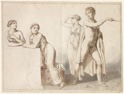 Vier studiefiguren, drie vrouwelijke en een mannelijke in antieke kleding door Christoffer Wilhelm Eckersberg