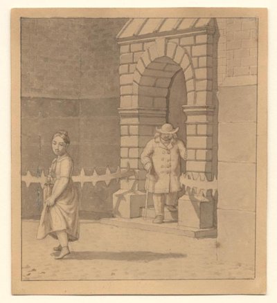 Straatbeeld met een jong meisje dat haar jurk een beetje optilt; op de achtergrond een oudere man met een stok door Christoffer Wilhelm Eckersberg