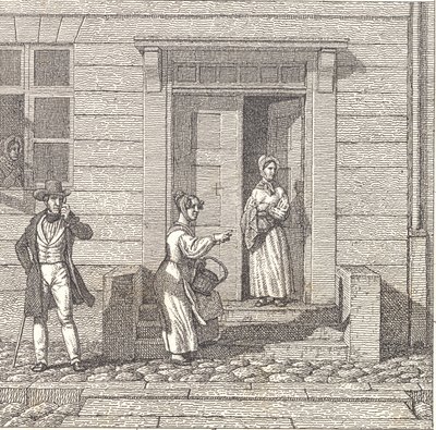 Straatscène, twee meisjes, een heer en een vrouw kijken naar iets door Christoffer Wilhelm Eckersberg