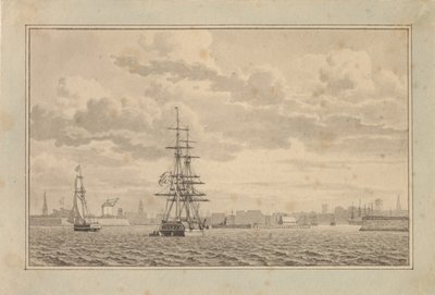 Kopenhagen gezien vanaf de Buitenhaven met een brig voor anker en een varende sloep door Christoffer Wilhelm Eckersberg