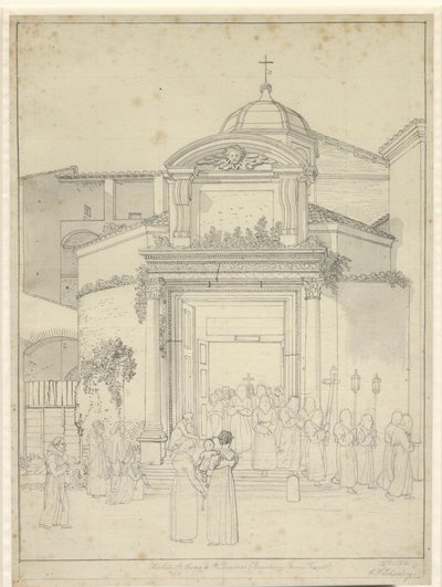Kerk van St. Cosmos en St. Damians (Tempel van Romulus en Remus) met monniken in processie die uit de kerkdeur komen door Christoffer Wilhelm Eckersberg