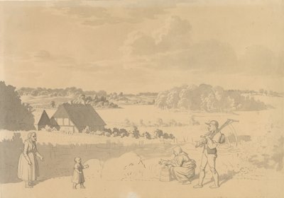 Landschap met een meer, omgeven door bos en velden, op de voorgrond boeren die met een klein kind spelen door Christoffer Wilhelm Eckersberg