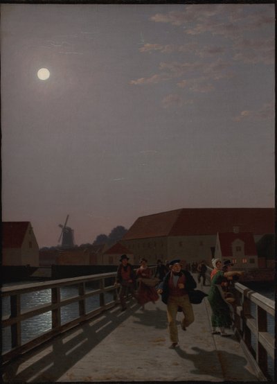 Langebro, Kopenhagen, in het maanlicht met rennende figuren door Christoffer Wilhelm Eckersberg