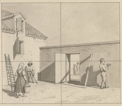 Linearperspectiven, toegepast op schilderkunst - schets voor niet gebruikte illustratie - Deense binnenplaats met vier boeren en ambachtslieden door Christoffer Wilhelm Eckersberg