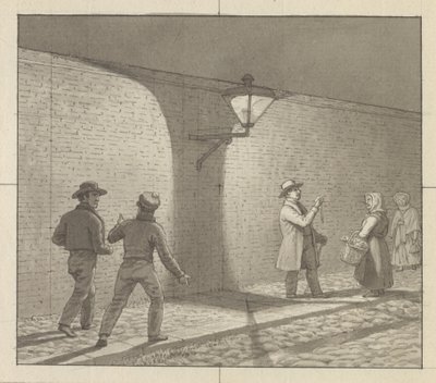Lineair perspectief toegepast op schilderkunst, Tafel VIII, fig. 1 - Nachtelijke tocht onder de straatlantaarn door Christoffer Wilhelm Eckersberg