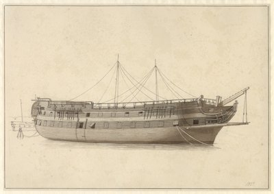 Het linieschip Denemarken in de vlootbasis voor het plaatsen van de mast door Christoffer Wilhelm Eckersberg