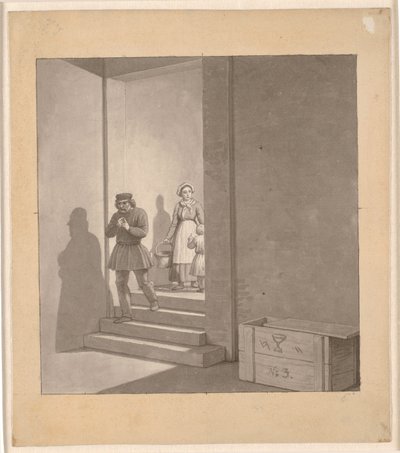 Man op weg naar beneden op trap, op de achtergrond vrouw en kind door Christoffer Wilhelm Eckersberg