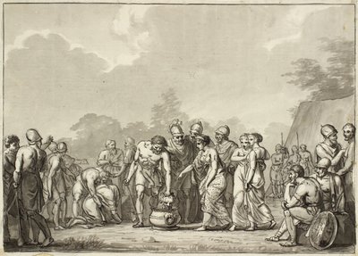 De koningin van de Massageten, Tomyris, laat het hoofd van Cyrus in een vat met bloed werpen door Christoffer Wilhelm Eckersberg